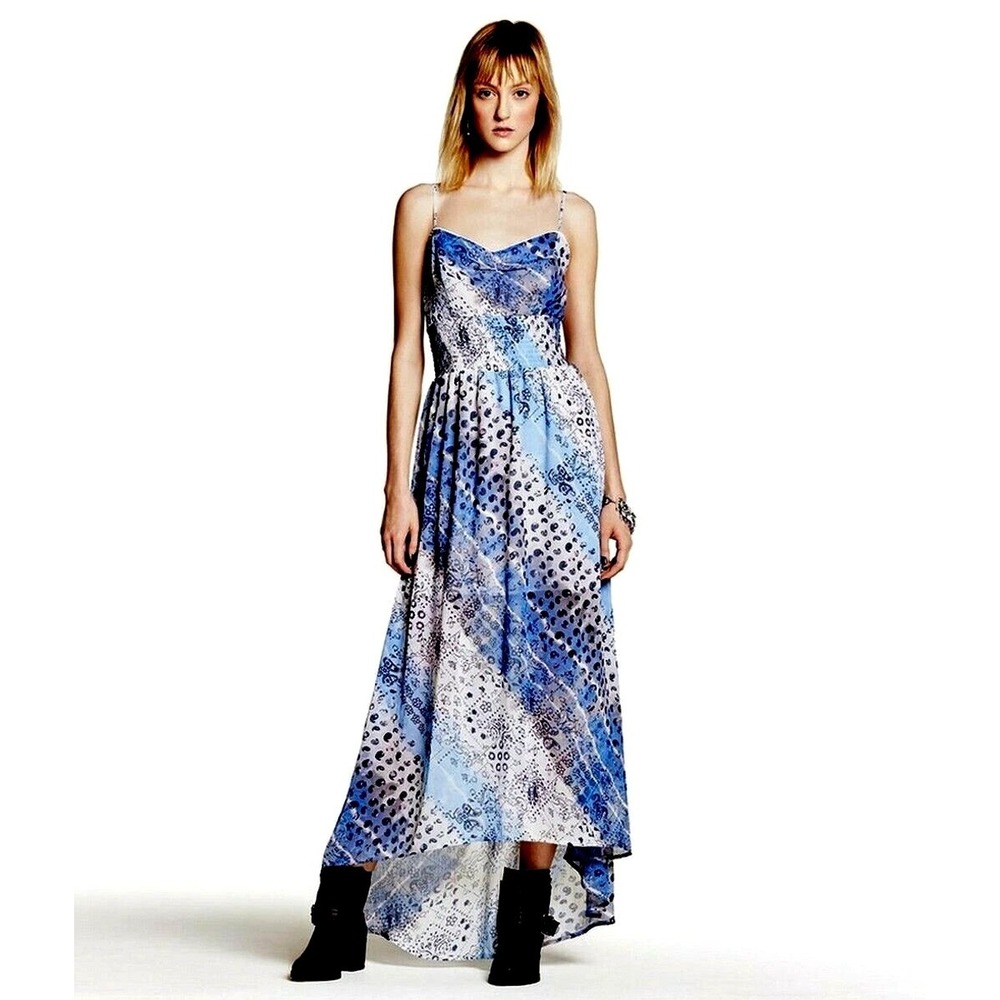 Princess Vera Wang Small Blue Paisley Maxi Dress Smocked Bodice Hi Low Hem‎